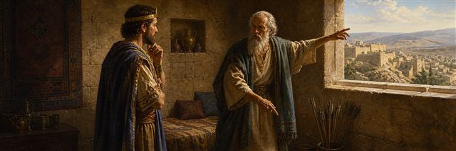 Dying Elisha directing King Joash toward an open window beside a bundle of arrows